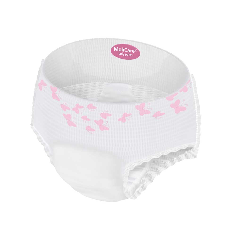 Weiße Inkontinenzslip-Pants mit rosa Schmetterlingen und rundem Markenetikett