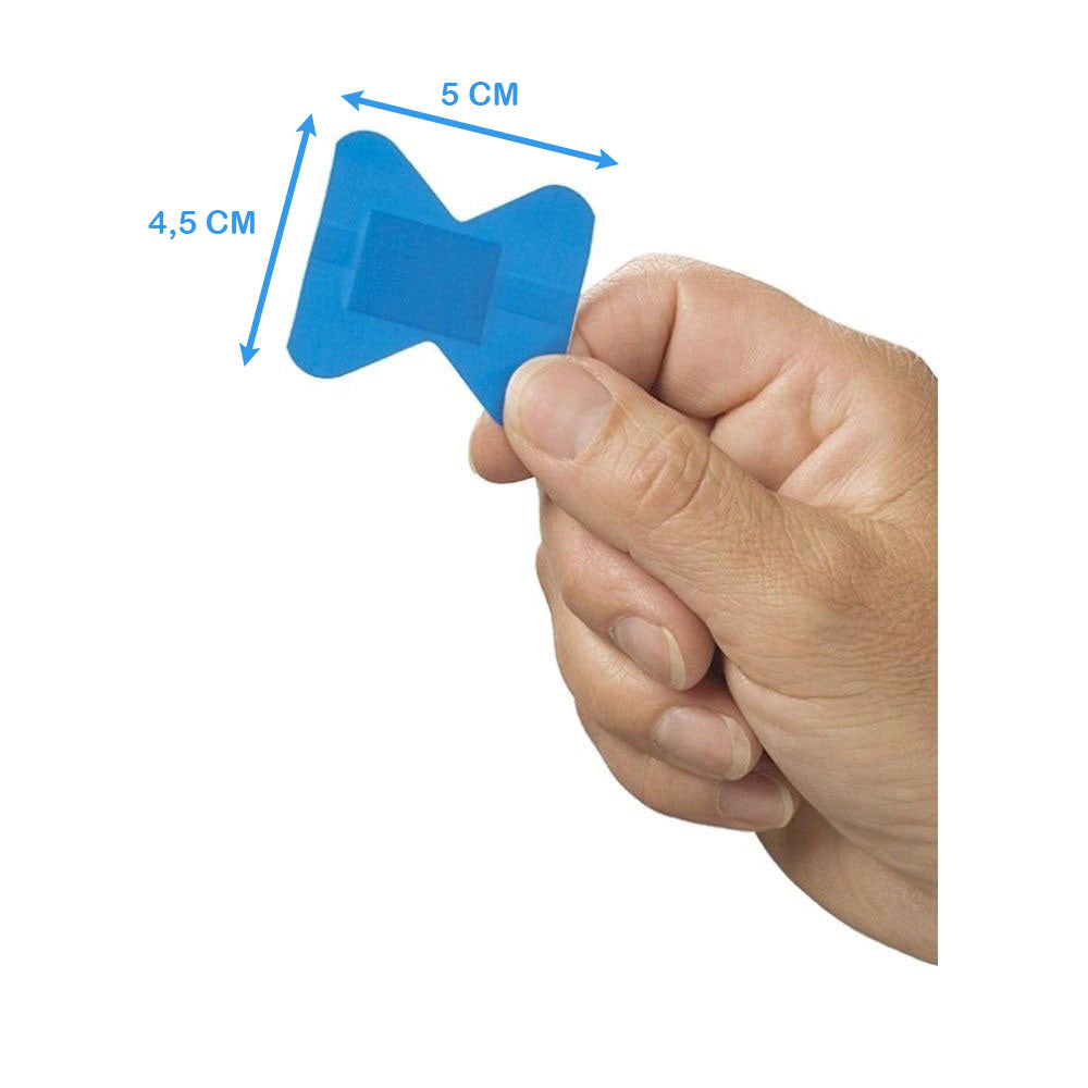 Blaues detektierbares Fingerkuppenpflaster am Finger, ca. 5 x 4,5 cm