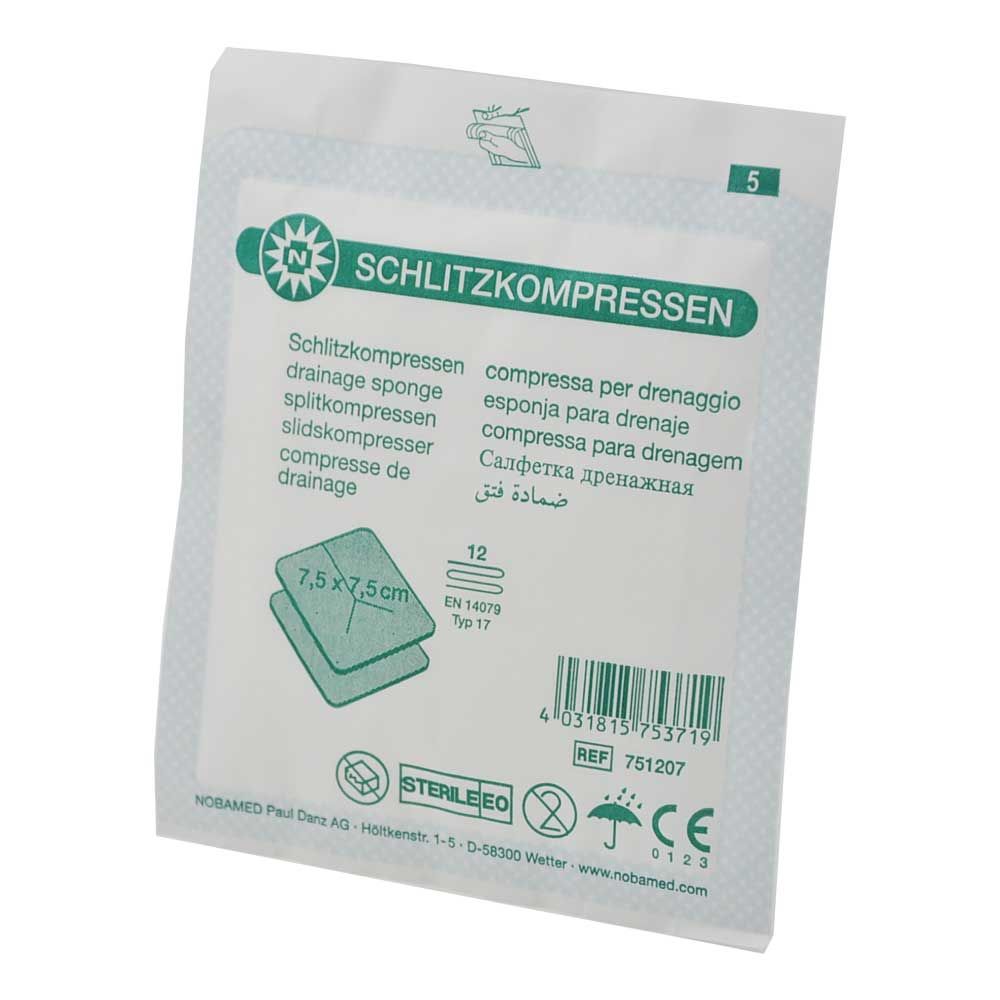 Sterile Schlitzkompressen 12-fach, Y-Einschnitt, 7,5×7,5 cm, Beutel