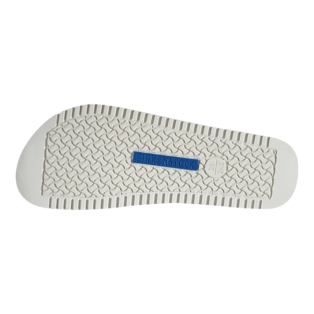 Birkenstock Laufsohle mit Strukturprofil und Logo, weiß mit blauem Einsatz an der Ferse