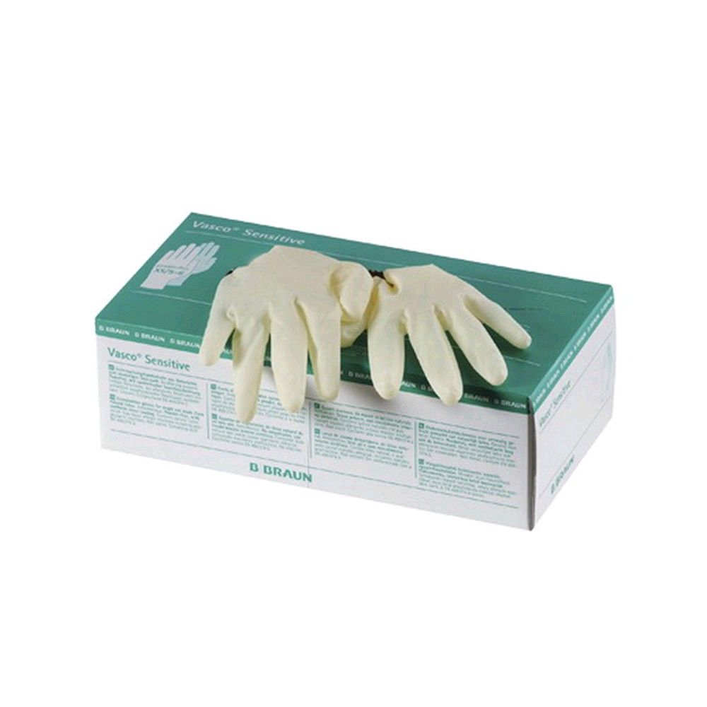 Packung puderfreier Naturlatex-Handschuhe, beige Handschuhe sichtbar, von schräg vorn