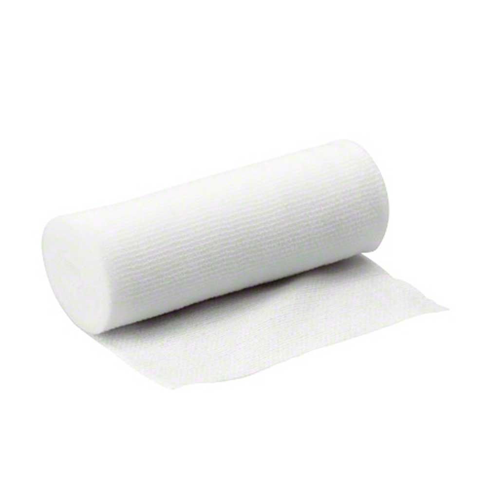 Elastischer Fixierverband als Rolle, weiß, mit ausgerolltem Bandstreifen