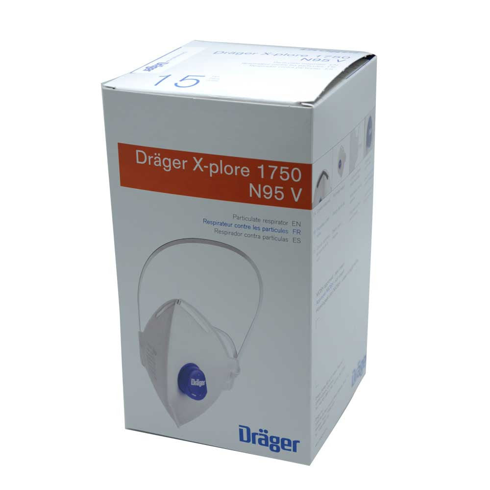 Verpackungsbox Dräger X-plore 1750 N95 V, weiße Box mit Ventilmaskenmotiv