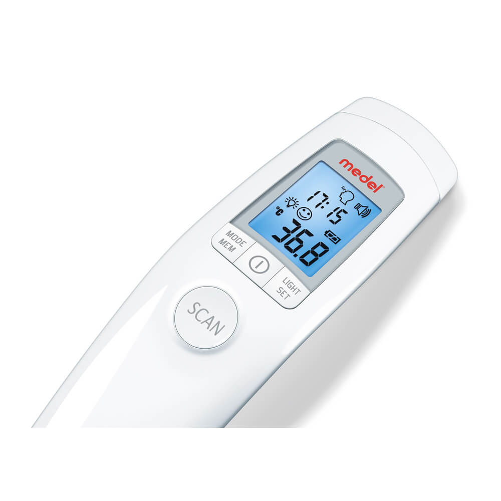 Kontaktloses Fieberthermometer von Medel mit „SCAN“-Taste und blauem LCD