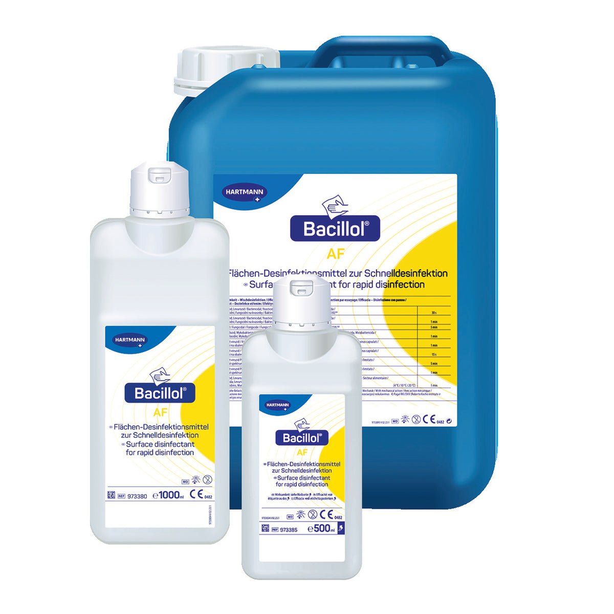 Bacillol AF Flächendesinfektionsmittel-Set: blauer Kanister und weiße Flasche