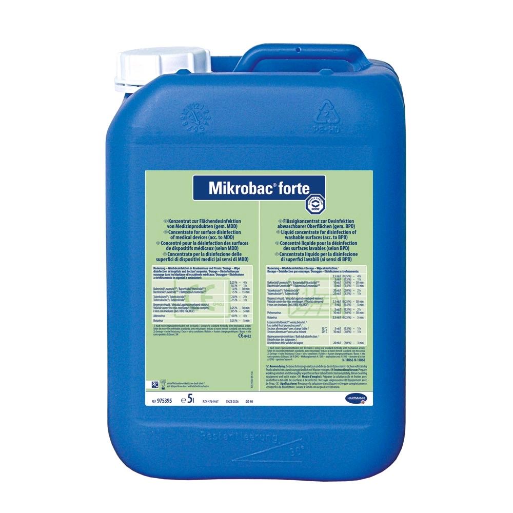 Flächendesinfektionsmittel Mikrobac® forte im blauem Kanister, Rückseite mit Text