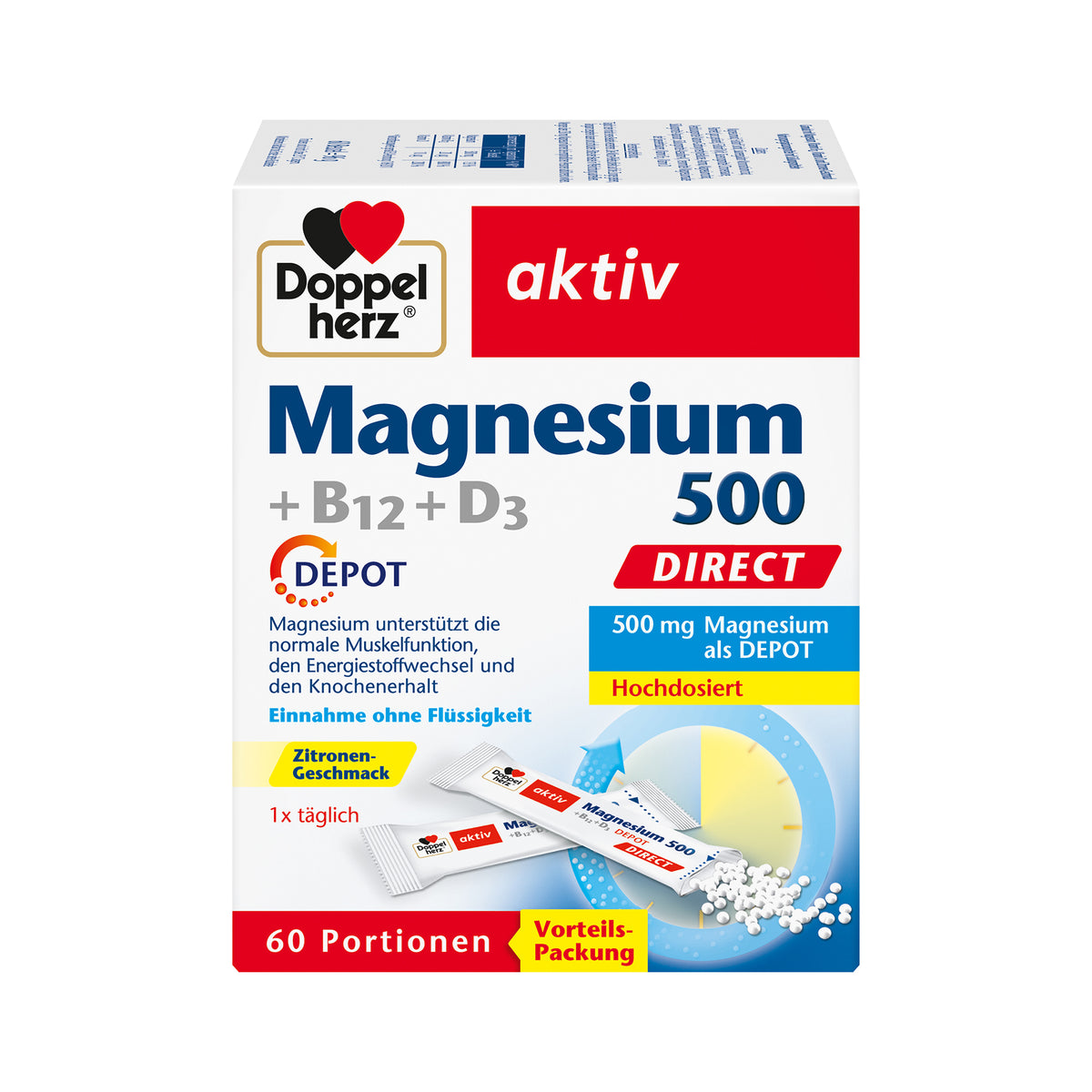 Doppelherz aktiv Magnesium 500 + B12 + D3 Depot, 60 Portionen, Direct