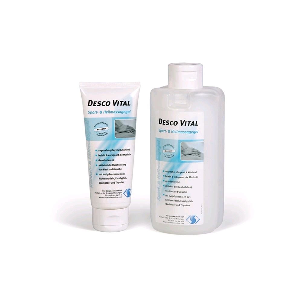 Hydrogel-Mehrzweckgel Desco VITAL in Flasche, transparent mit weißem Etikett