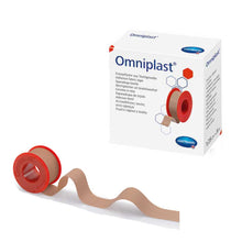 Gewebe-Pflasterrolle mit beigem Klebeband, roter Abroller neben der Packung
