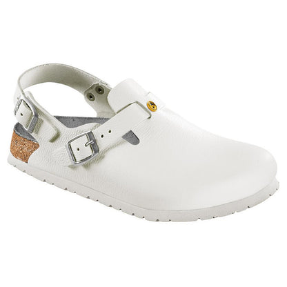 Birkenstock Tokio ESD Clog: weißer Riemenclog mit Schnalle, profilierte Sohle