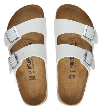 Weiße Birkenstock Arizona SL Sandale mit zwei Schnallenriemen, blau abgesetzter Laufsohle