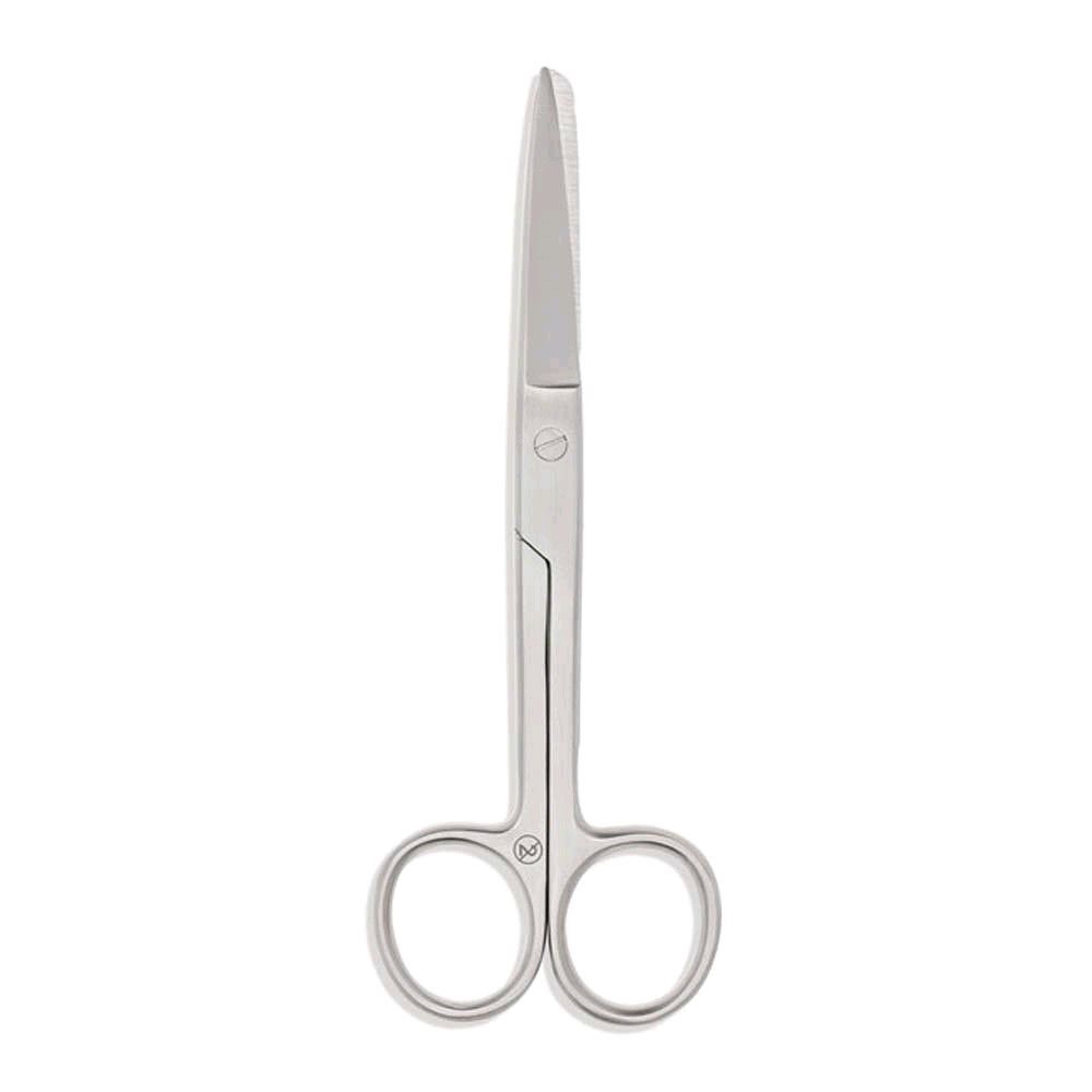 Gerade chirurgische Schere von Hartmann, Metallisch glänzende Klinge, zwei Ringgriffe (seitlich)