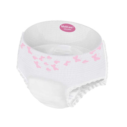 Weiße Inkontinenzslip-Pants mit rosa Schmetterlingen und rundem Markenetikett