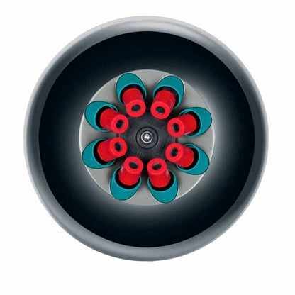 Zentrifugenrotor mit Probenröhrchen: rote Kappen in teal Haltern