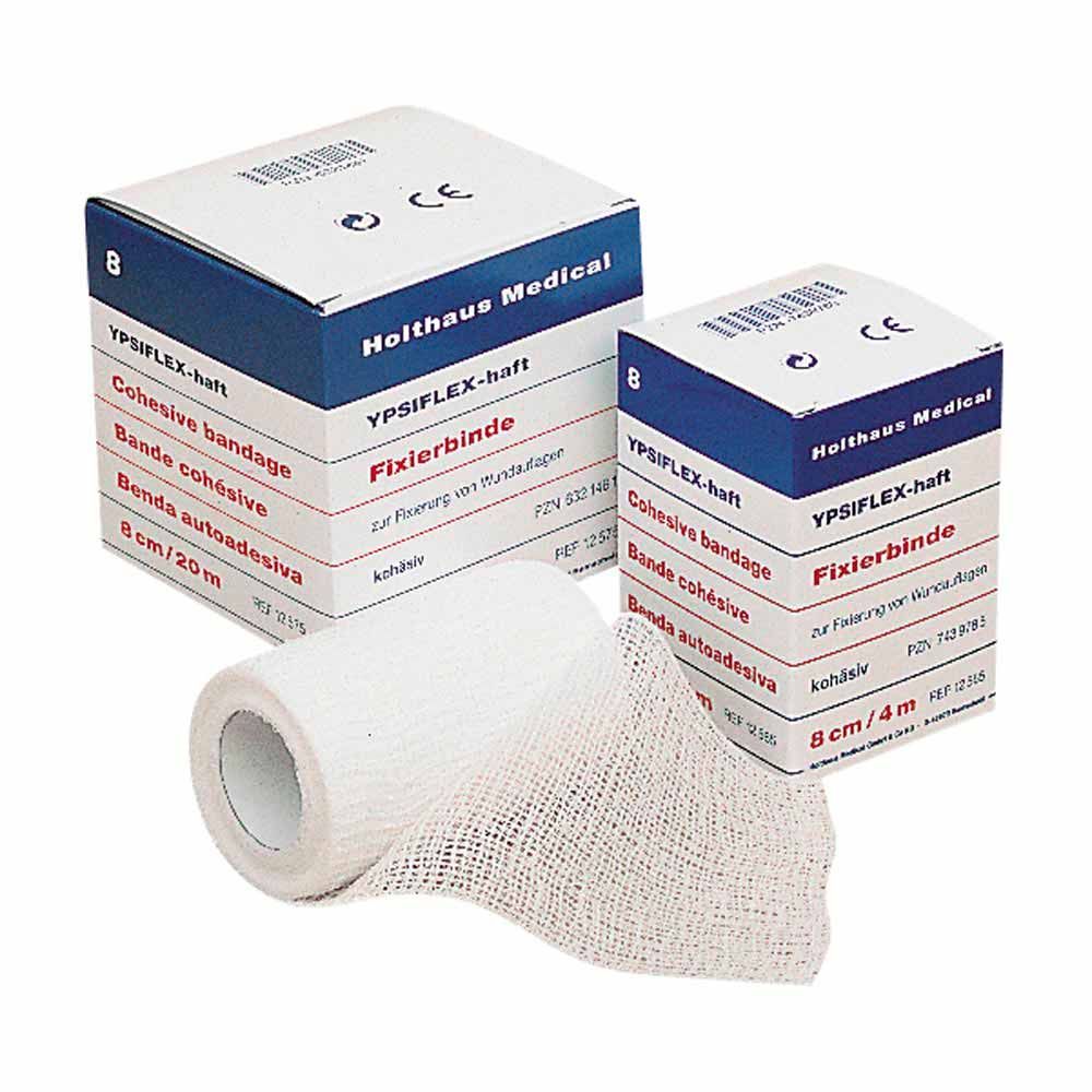 Haft-Mullbinde YPSIFLEX® haftend, elastisch: hellgraue Binde auf Rolle mit Verpackung