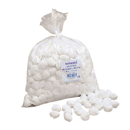 Unsterile Schlinggazetupfer, ballförmig, weiß; geschlossene Verpackung mit Etikett und Tupfern