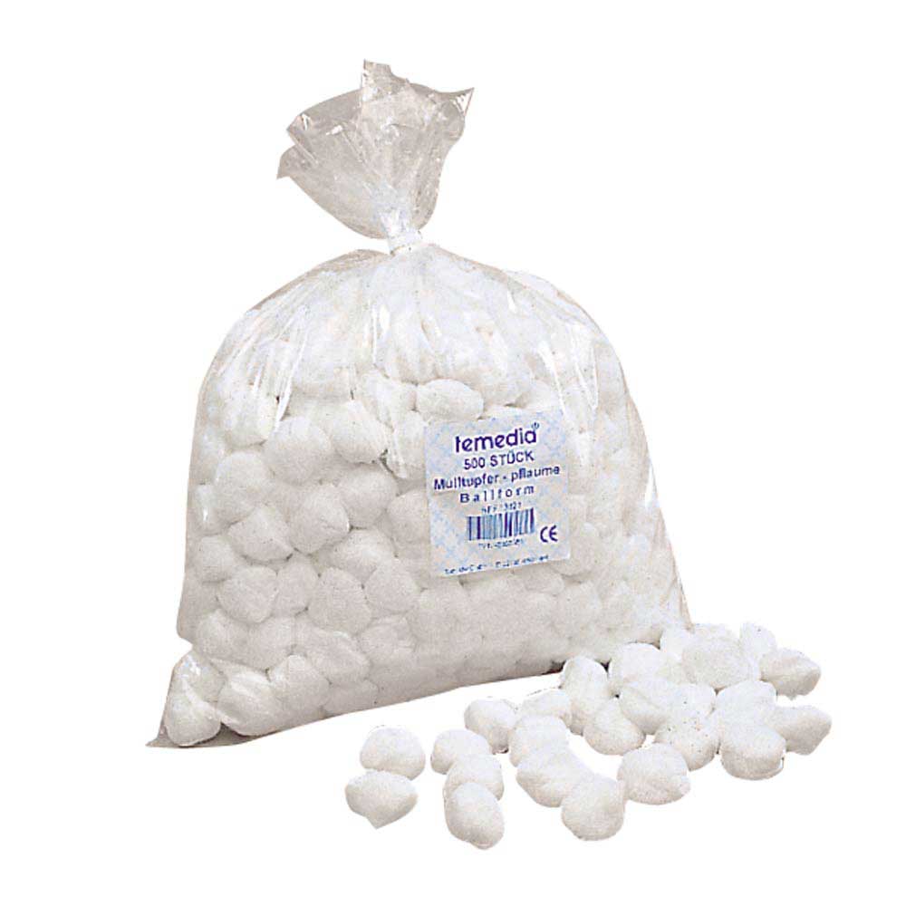 Unsterile Schlinggazetupfer, ballförmig, weiß; Beutel mit Temedia® Aufdruck und Tupferpackung