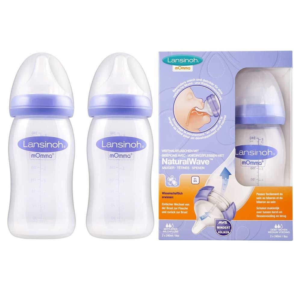 Lansinoh Weithalsflaschen (2er) mit blauem NaturalWave™ Sauger und NaturalWave-Verpackung