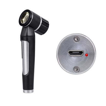 Dermatoskop in Schwarz-Grau mit LED-Linse und runder Bodenplatte