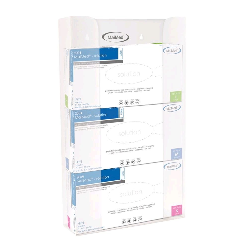 Transparenter Acryl-Handschuhspender für 3 Handschuhboxen, Vorderansicht mit Beschriftung