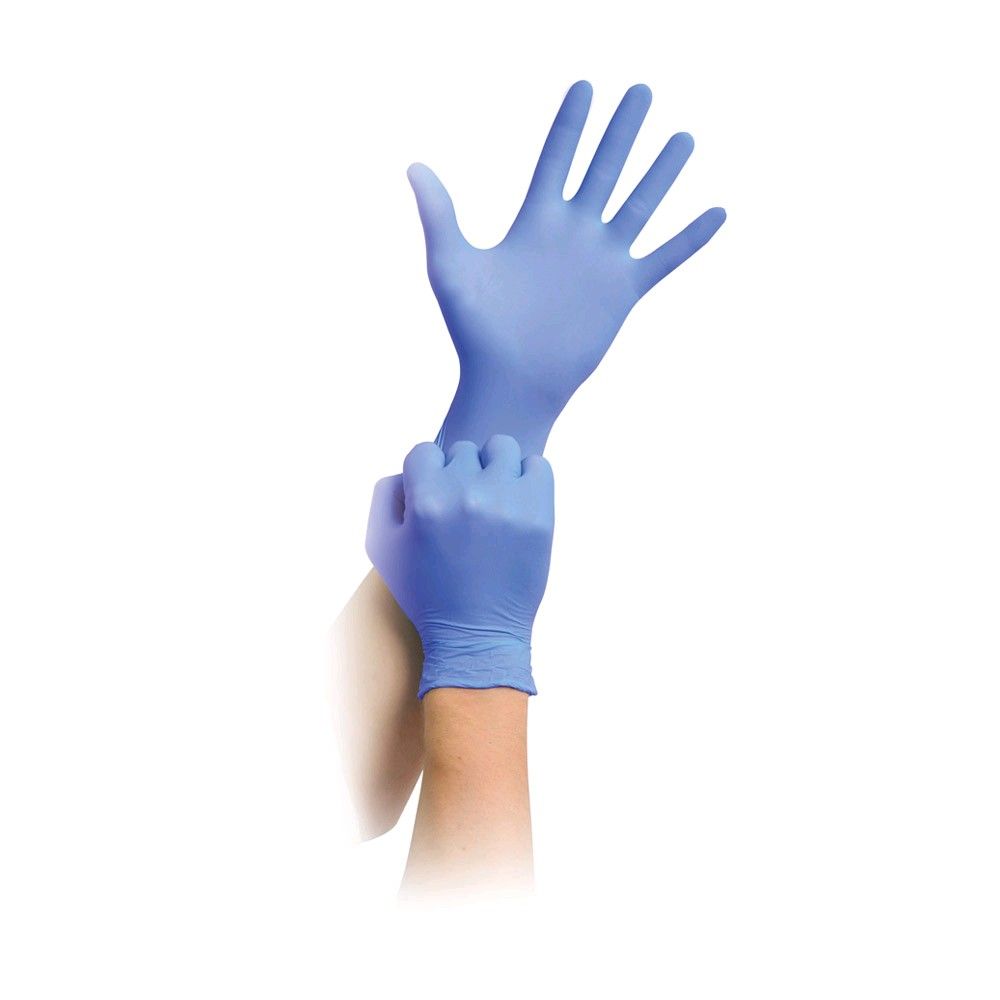 Nitrilhandschuh blau-violett, puderfrei, auf Hand, Finger gespreizt