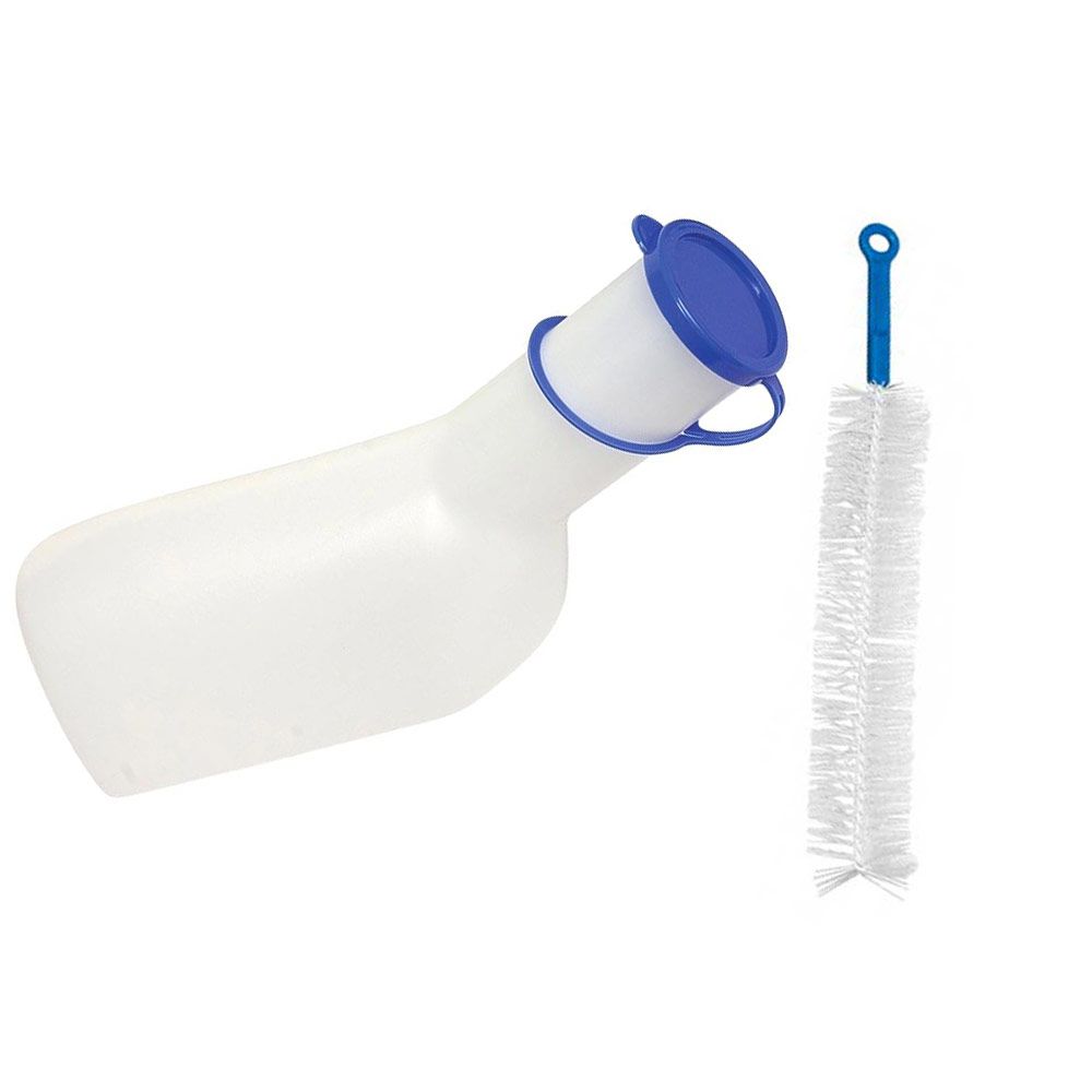 Urinflaschen-Set für Männer: Flasche mit blauem Deckel und Reinigungsbürste