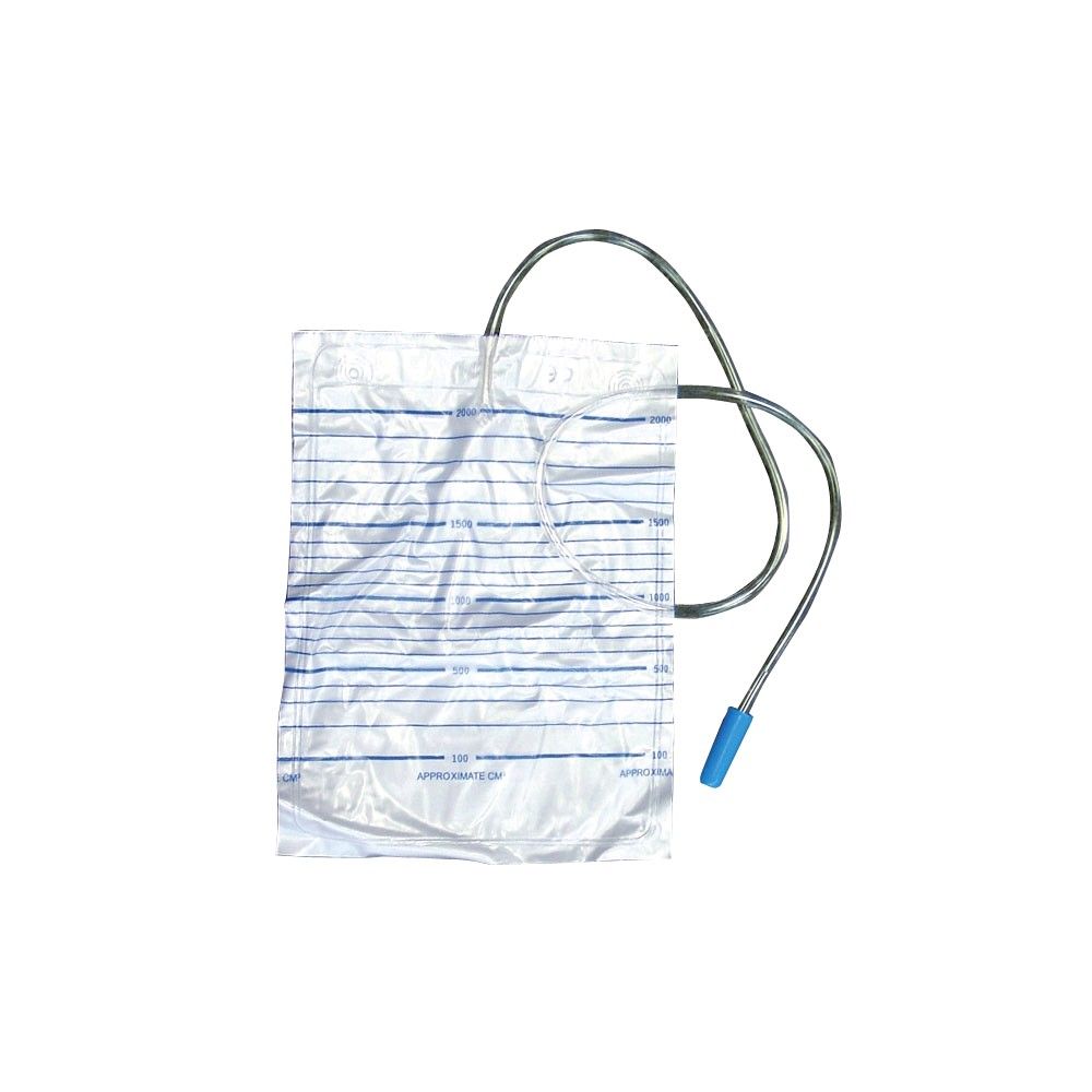 Urinbeutel mit Schlauch und blauem Anschluss, faltverpackt