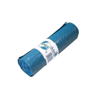 Blaue PE-Müllbeutelrolle, seitliche Perspektive, mit weißem Klebeetikett