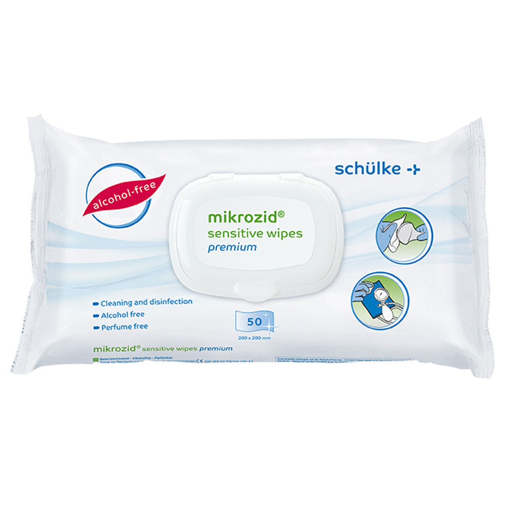 Desinfektionstücher mikrozid sensitive wipes premium in weiß-blauer Packung