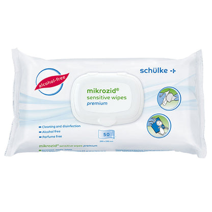 Desinfektionstücher mikrozid sensitive wipes premium in weiß-blauer Packung