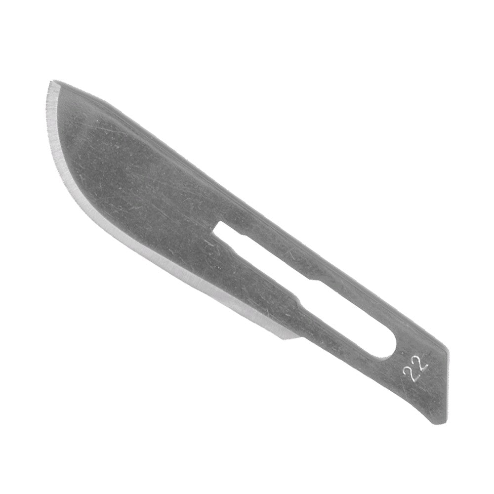 Sterile Einmal-Skalpellklinge aus Carbonstahl, dunkelgrau, mit ovaler Aussparung und Markierung.