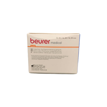 Blutzuckerteststreifen-Box Beurer medical Rückseite mit Herstellerangaben für GL 44/GL 50