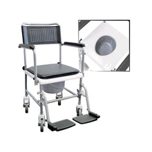 Toilettenstuhl mit Rückenlehne, Armlehnen und Beinstützen; gepolsterter Sitz, Toiletteneinsatz