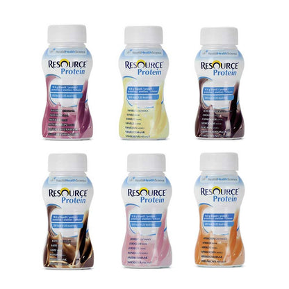 Proteindrink-Flaschen-Set mit sechs Sorten: violett, gelb, braun, rosa, orange