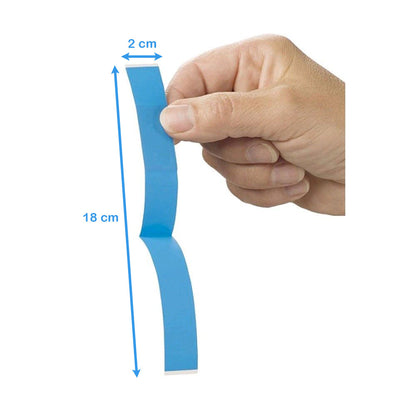 Blaues Fingerpflaster mit Maßangaben: 2 cm Breite, 18 cm Länge, zum Aufkleben