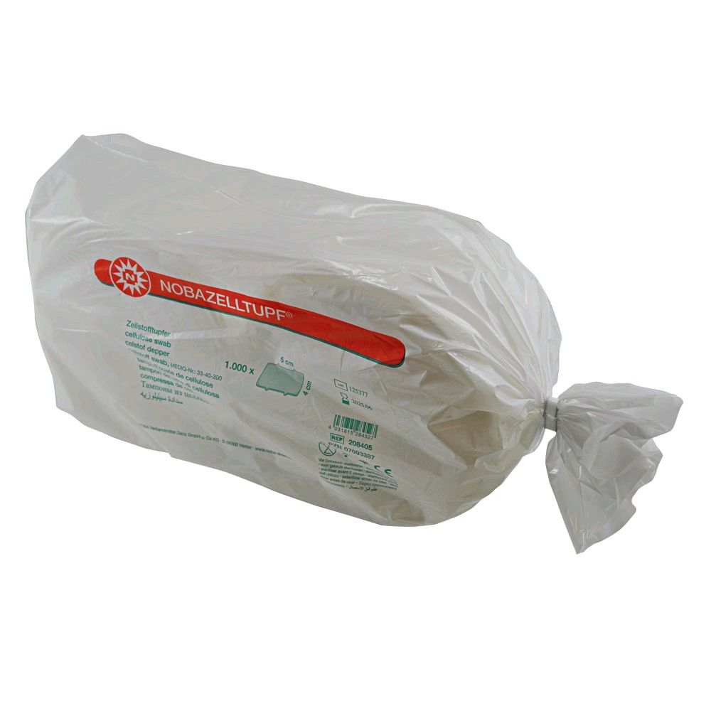 Verpackte Zellstofftupfer-Rolle im Beutel mit Aufdruck, weiß