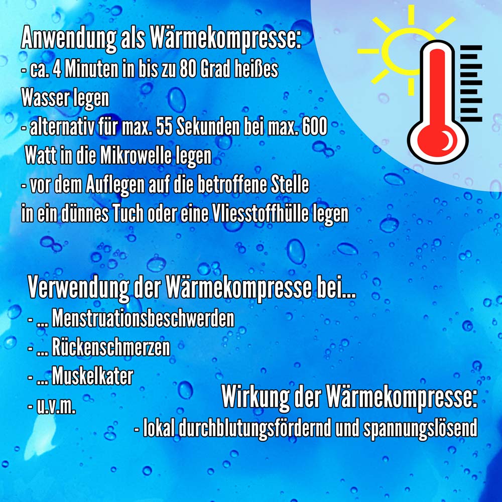 Anwendungsübersicht „Wärmekompressen“ mit Thermometer-Symbol und Mikrowellenhinweis