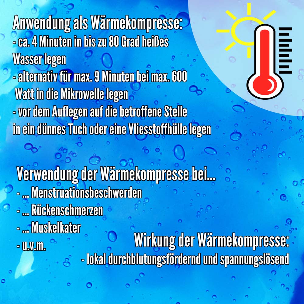 Gel-Wärmekompressen mit Temperatur-Symbol und Anwendungshinweisen