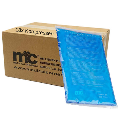 Gel-Kalt-Warm-Kompressen in Folie, blau; Verpackung und einzelne Kompresse sichtbar