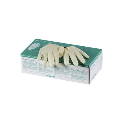 Naturlatex-Einweghandschuhe (puderfrei) in Kartonpackung, beige Handschuhe über der Packung