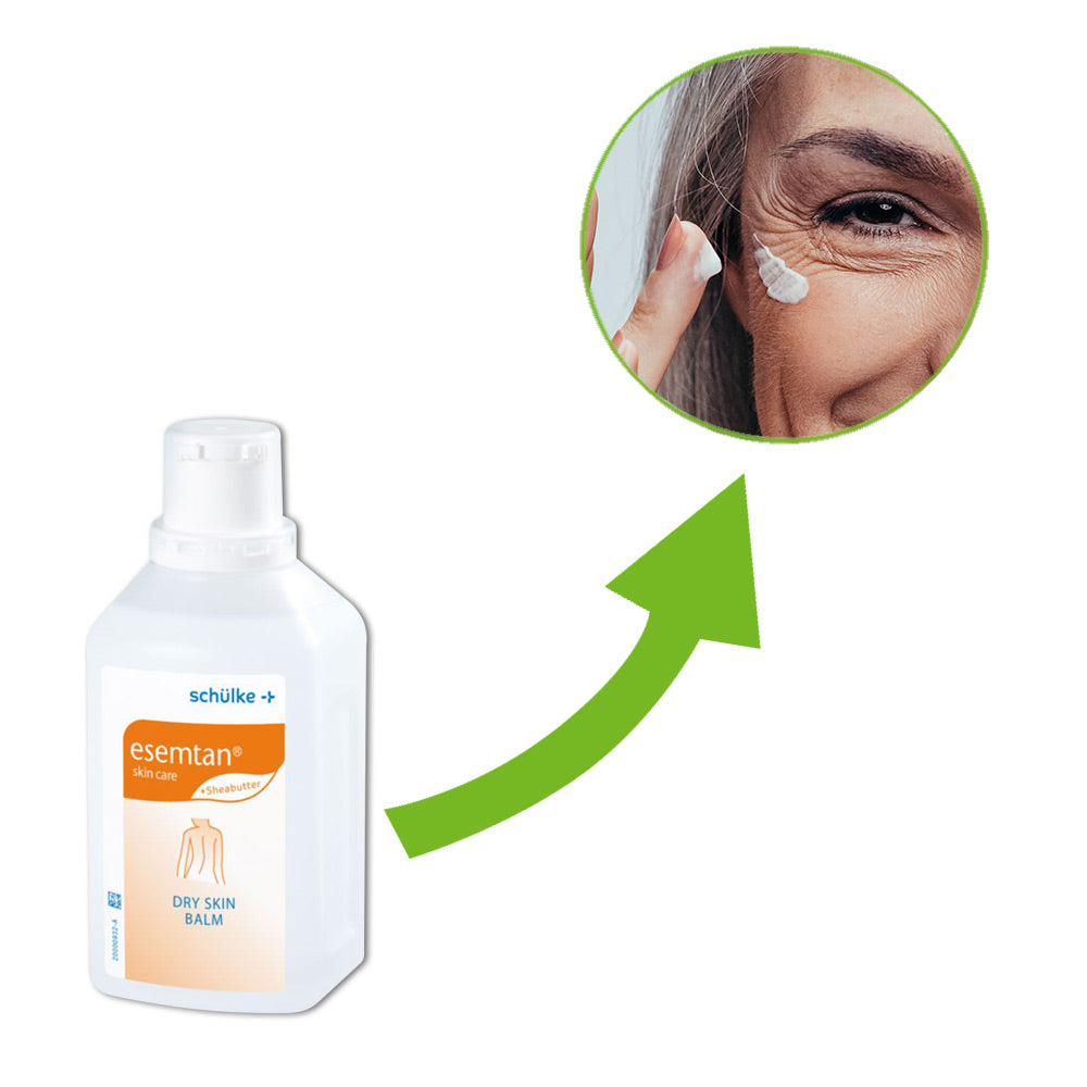 Schülke esemtan® Dry Skin Balm Körperlotion, weiße Flasche, Creme wird am Arm verteilt