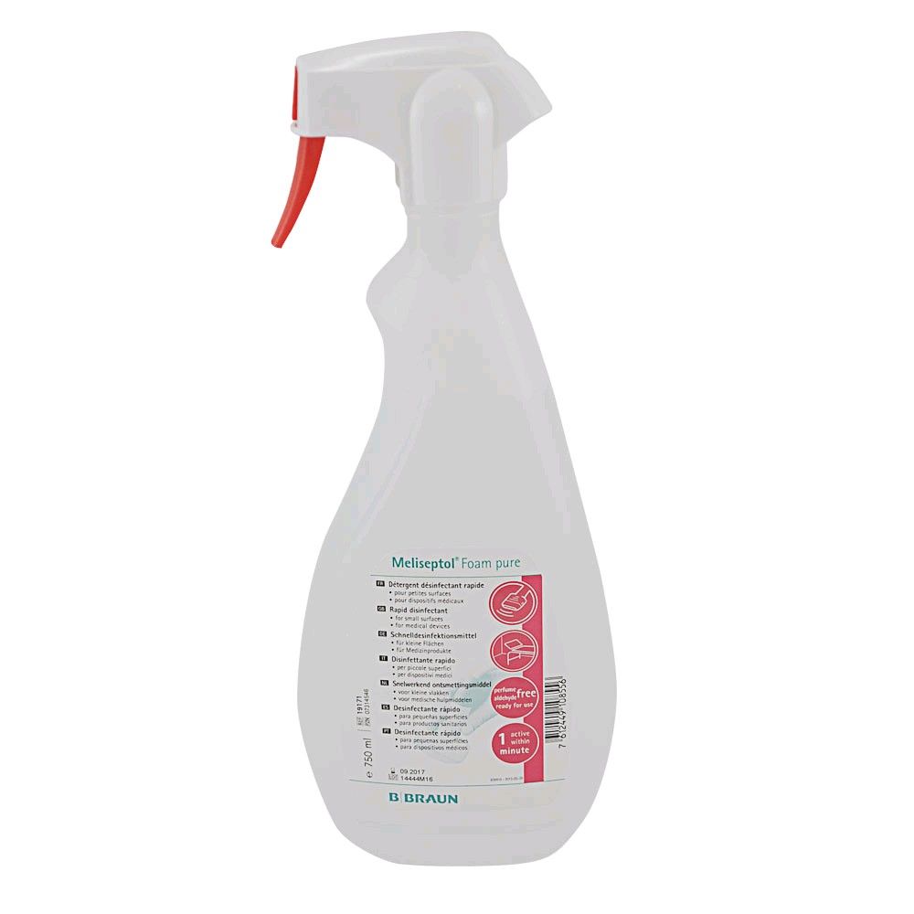 Braun Meliseptol® Foam pure Flächendesinfektionsschaum Sprühflasche, seitliche Ansicht