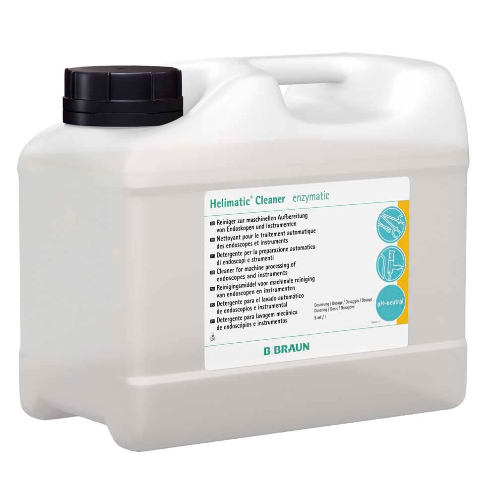 Weißer Kunststoffkanister für enzymatischen Reiniger Helimatic® Cleaner, Etikett sichtbar