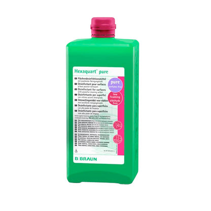 Flächendesinfektionsmittel in grüner Flasche mit pinkem Deckel und Etikett
