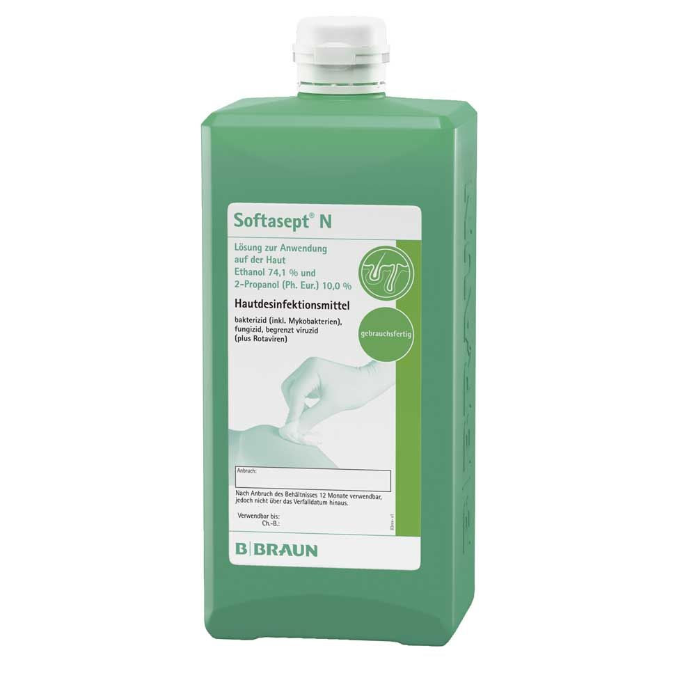 Hautdesinfektion Softasept® N farblos, grüne Flüssigflasche mit Etikett