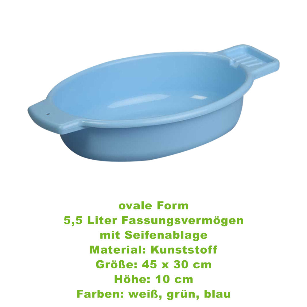 Ovale Waschschale mit Seifenablage, mittelblau, geformter Rand.