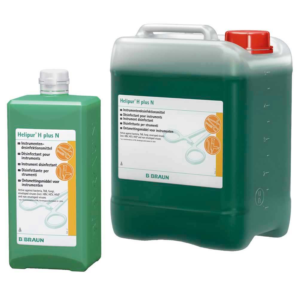 Instrumentendesinfektion Helipur® H plus N: grüne Kanister (groß) und Flasche (klein) mit Etikett