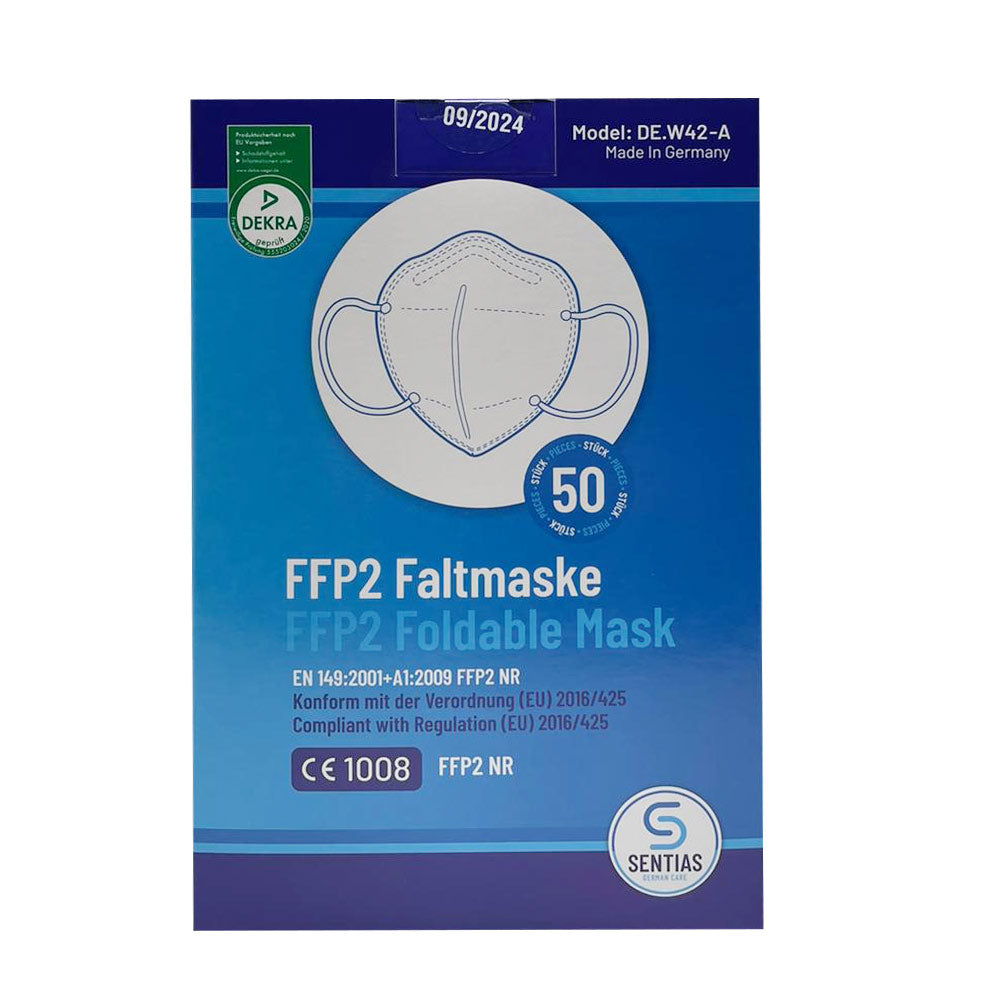FFP2-Faltatemschutzmaske im blauen Umkarton, 50 Stück, Vorderansicht