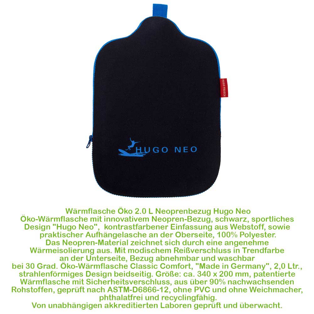 Öko-Wärmflasche mit Neoprenbezug, schwarz, blaues Trageband und seitlicher Aufhängung