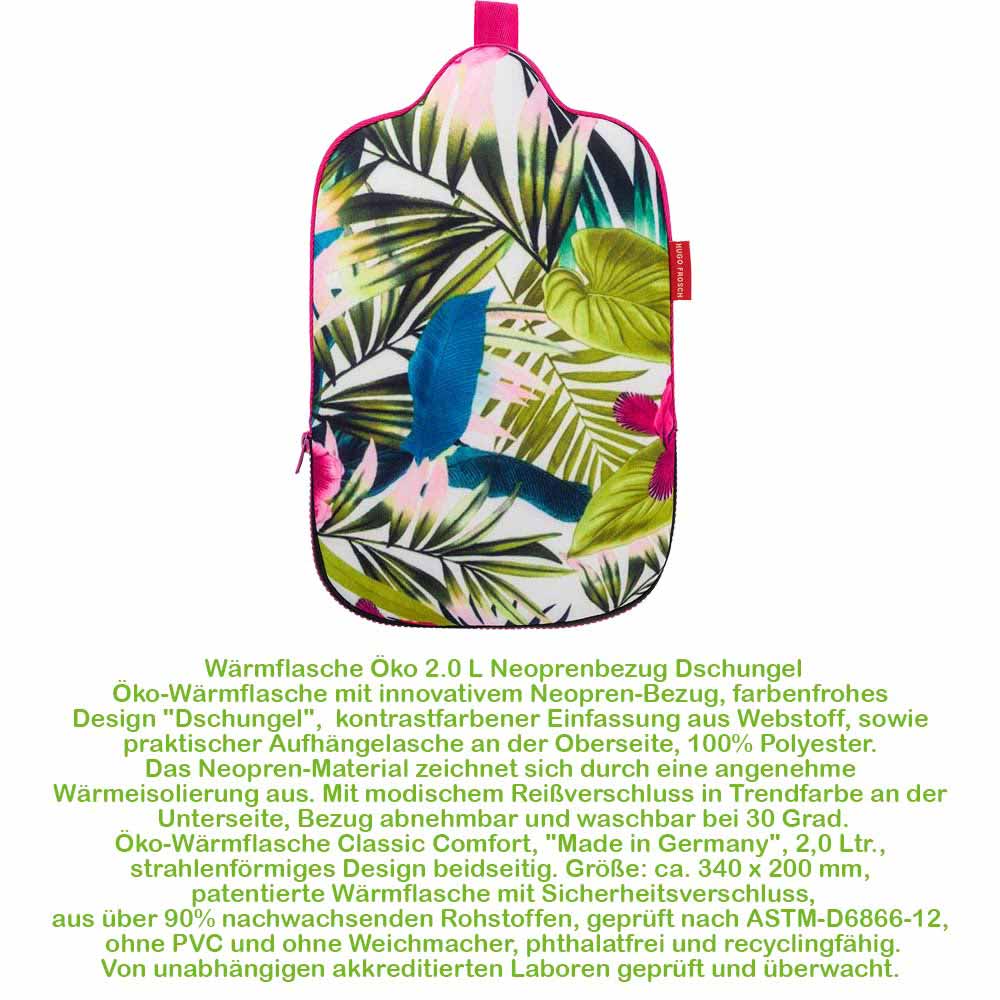 Öko-Wärmflasche mit Neoprenbezug, Dschungelmuster, pinkes Trageband, Vorderansicht